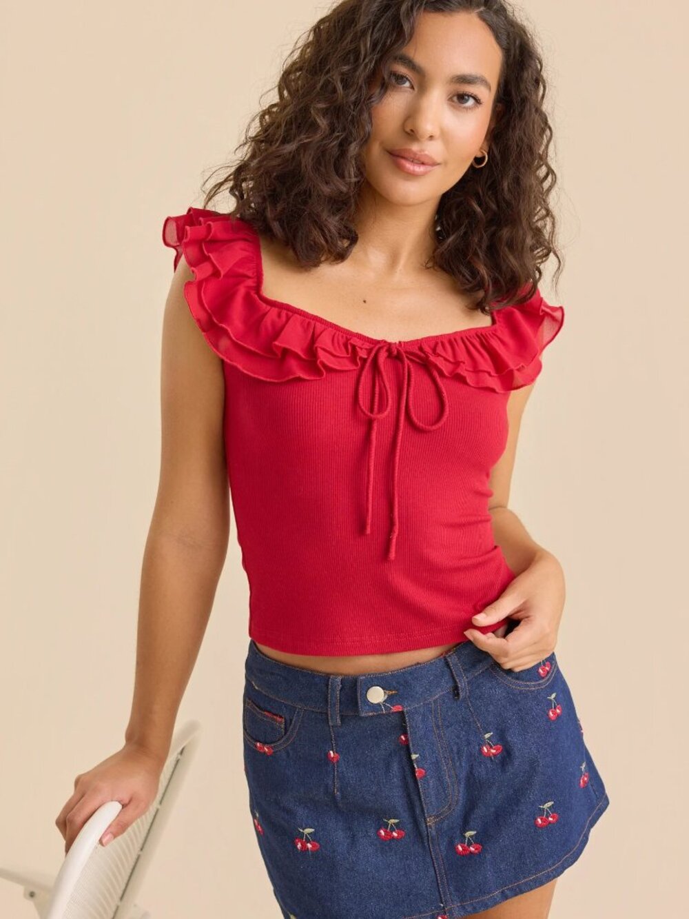 NWT - Altered State Alaina Cherry Embroidered Denim Skort - Medium